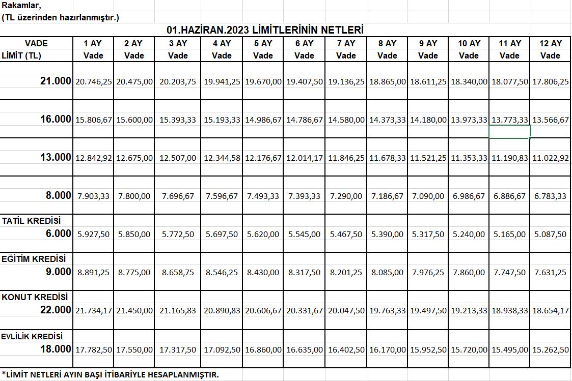 Ocak 2023 Limitlerinin Netleri
